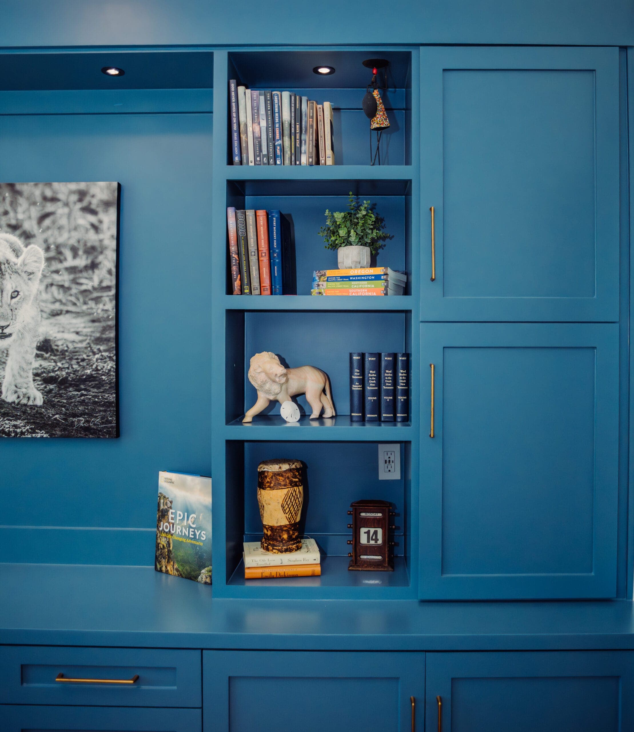 Detail of blue built-in shelving with integrated lighting and cabinet storage