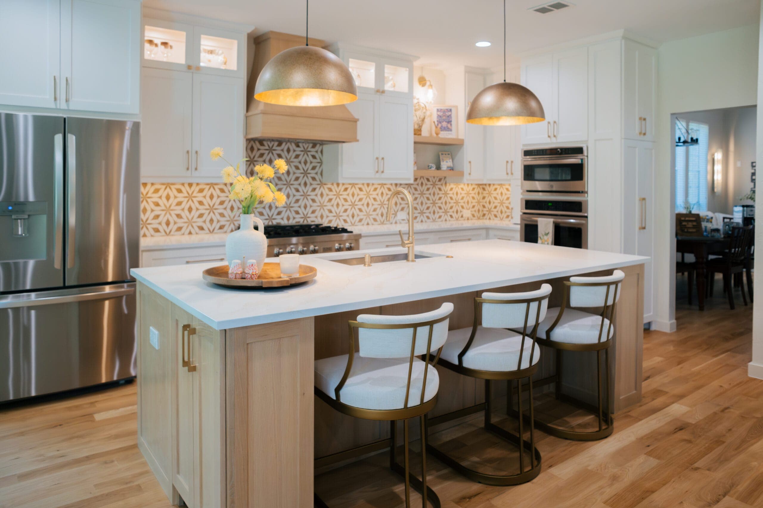Sightline from the kitchen island through to the dining room in an open-plan remodel